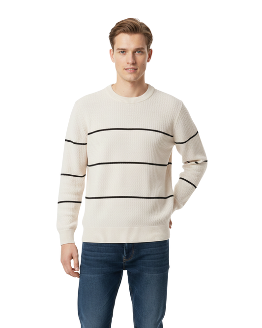 Men’s Striped Rib-Knit Crew - White