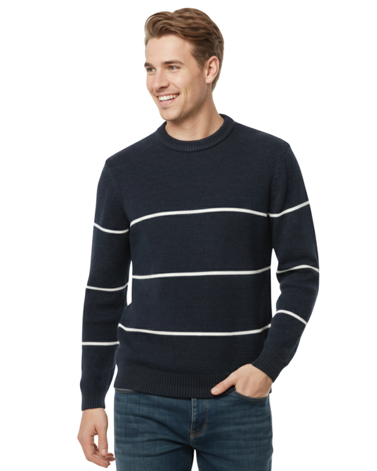 Men’s Striped Rib-Knit Crew-Blue