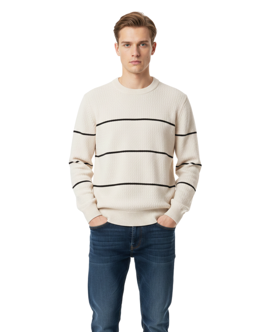 Men’s Striped Rib-Knit Crew - White