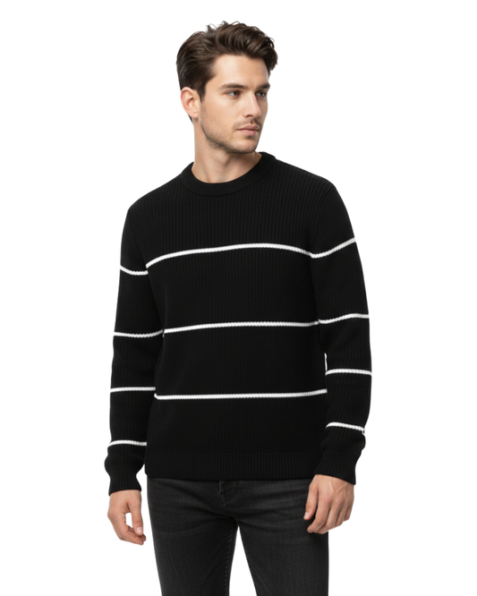 Men’s Striped Rib-Knit Crew-Black