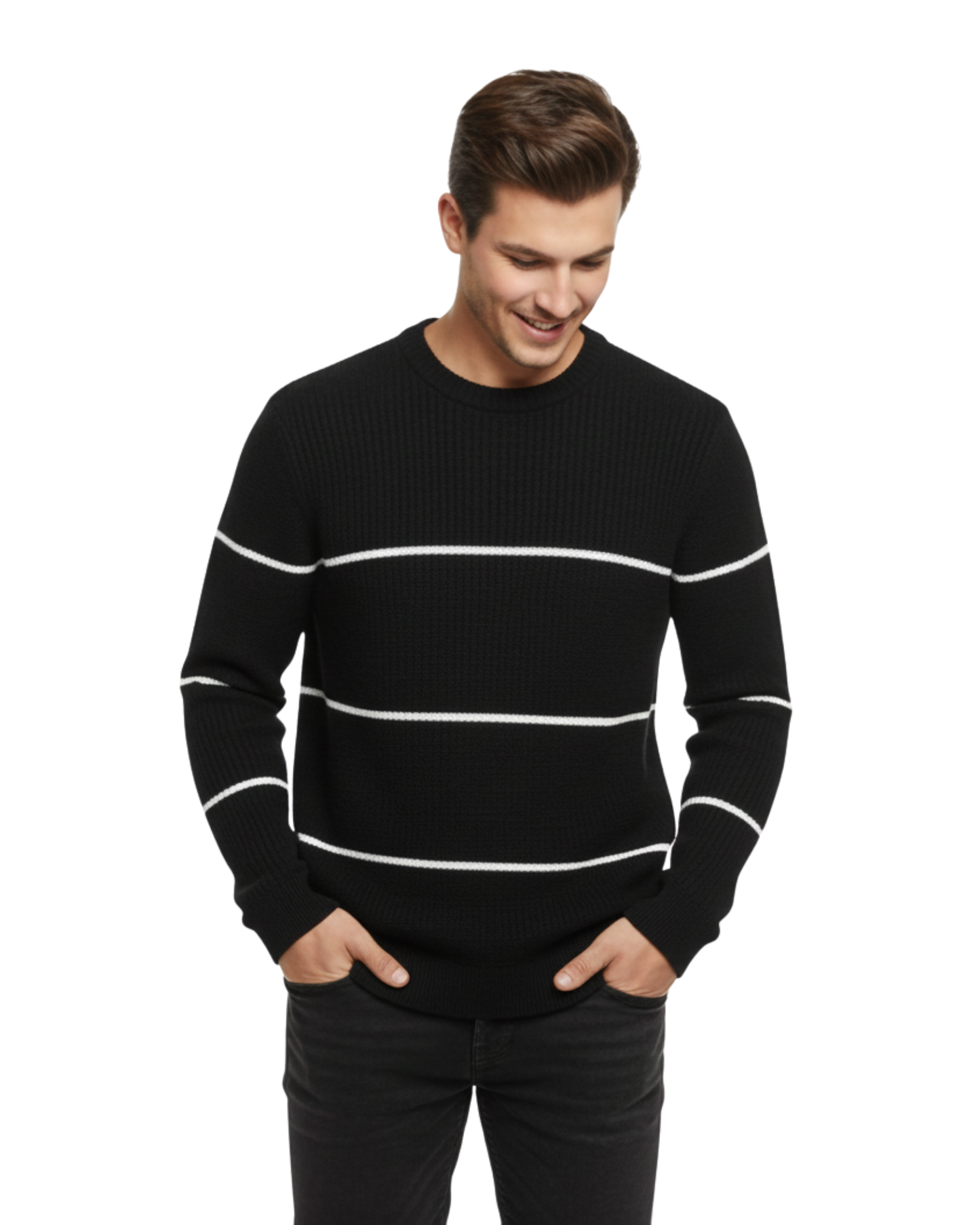 Men’s Striped Rib-Knit Crew-Black