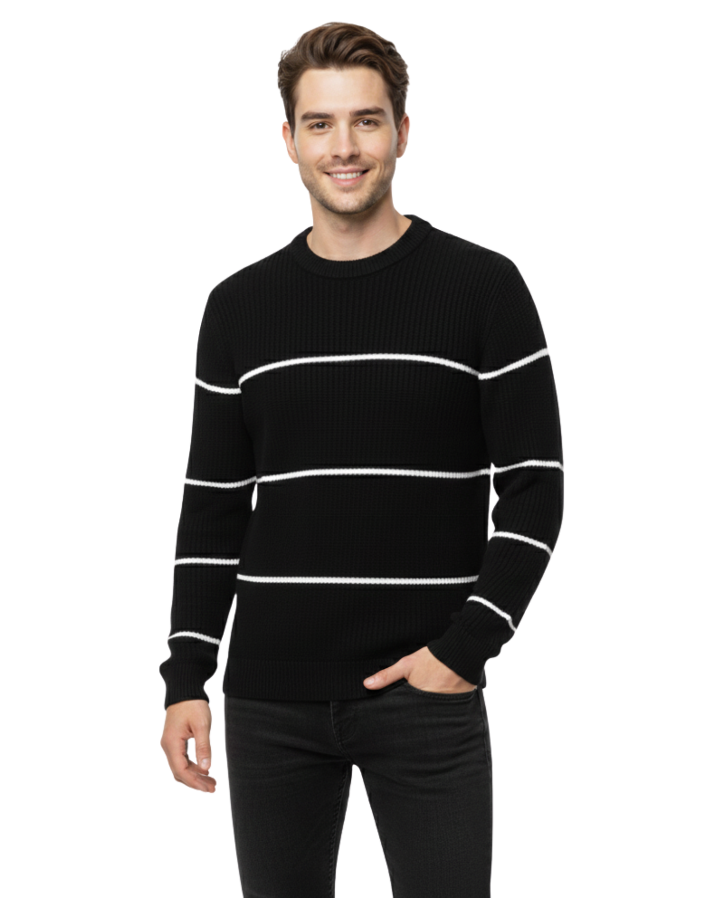 Men’s Striped Rib-Knit Crew-Black